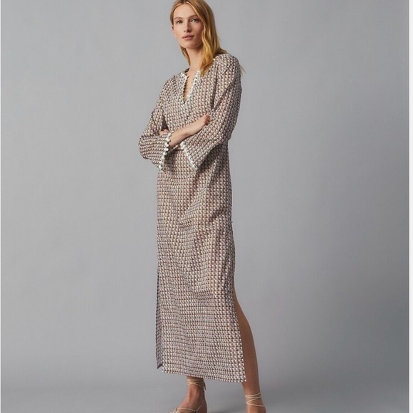 Tory Burch Dresses & Skirts - Tory Burch Shell Embellished Cane Weave Pattern Green Tan Resort Caftan - L